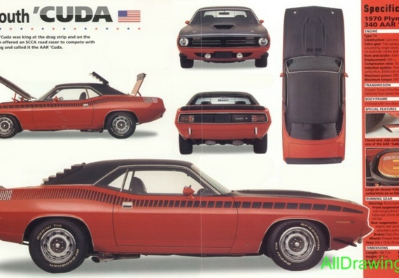 Plymouth Cuda (1970) (Плимут Куда (1970)) - чертежи (рисунки) автомобиля
